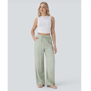 Halara High Waisted Pocket Wide Leg Casual Pants Thin Mint Green XL Boho Beachy